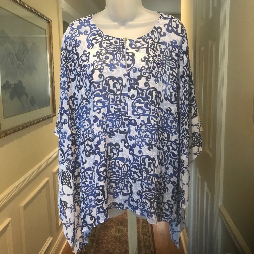 NWOT Chicos - Beach coverup blue/white high/low blouson, Size: S/M